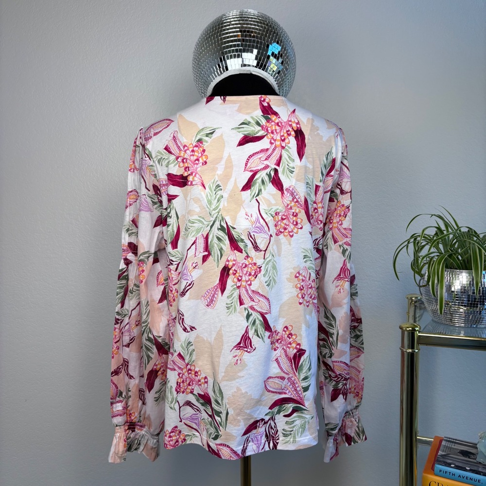 Chicos Pima Cotton Floral Smocked Long Sleeve Tee Size 2 Large Ecru Pink NWT - Picture 4 of 16